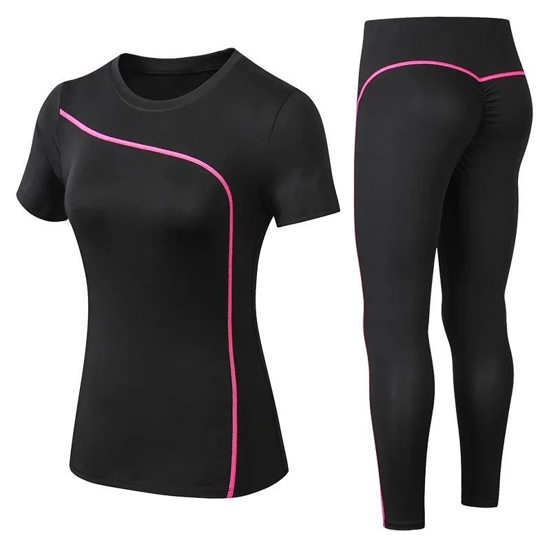 Zestaw do jogi Szybkoschnący 2-częściowy damski strój sportowy z krótkim rękawem i długimi spodniami Outdoor Sportswear Fitness Plus Size Strój sportowy dla kobiet — zdjęcie 2