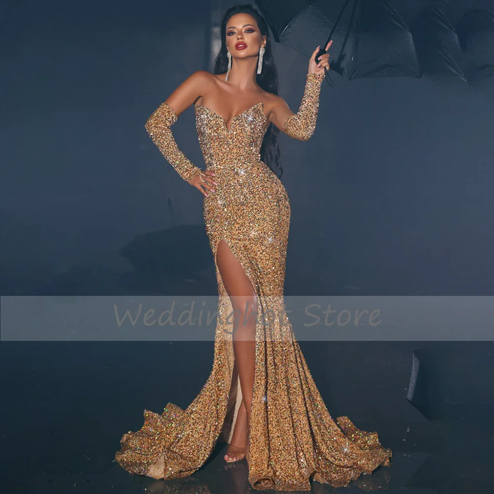 Glitter Evening Dresses For Women 2023 Gold Sequined Mermaid Sexy  Gowns Long Side High Slit V Neck Trumpet Prom Dress