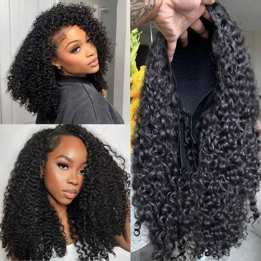 Kinky Curly 3 IN 1 Half Wig Human Hair Wear and Go Deep Curly  Wig Machine Made Clip-in Upgrade Human Hair Wigs