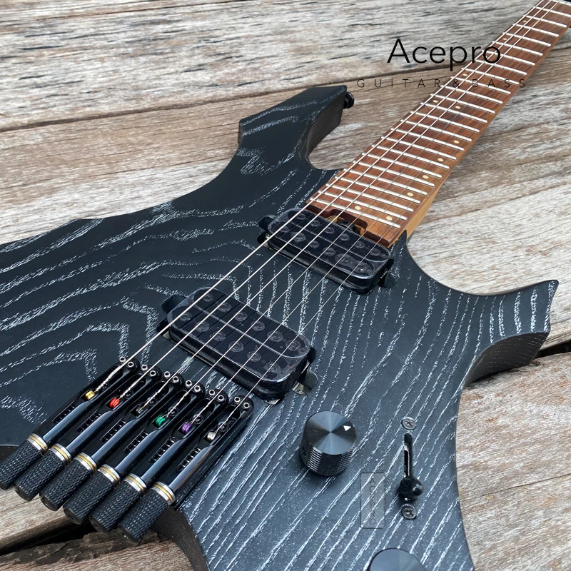 Acepro New Pro Headless Electric Guitar, Satin Black Ash Body, Jumbo Stainless Steel Oblique Frets, Reinforcement in the Neck