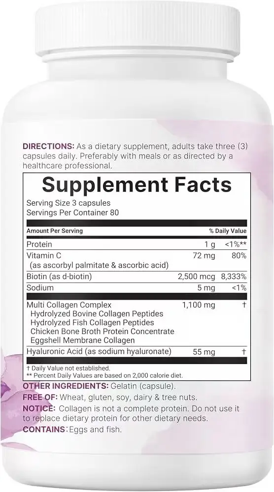 Micro-Ingredient Multi-Collagen Peptide Pills, 240 capsules. Suitable for both women and men. Type I, II, III, V, and X hydrolyzed collagen supplements, containing biotin, hyaluronic acid, and vitamin C, with no fillers.