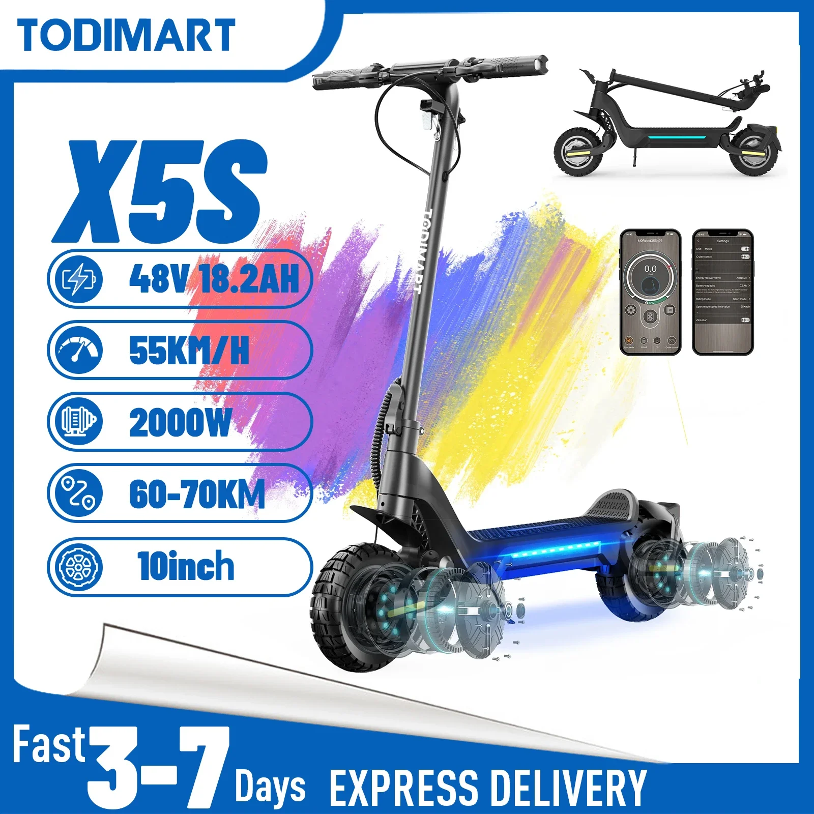 Trottinette électrique adulte TODIMART X5S Endurance 60-85 km 48V 18.2Ah, 2000W,50km/h pliable, double absorption des chocs