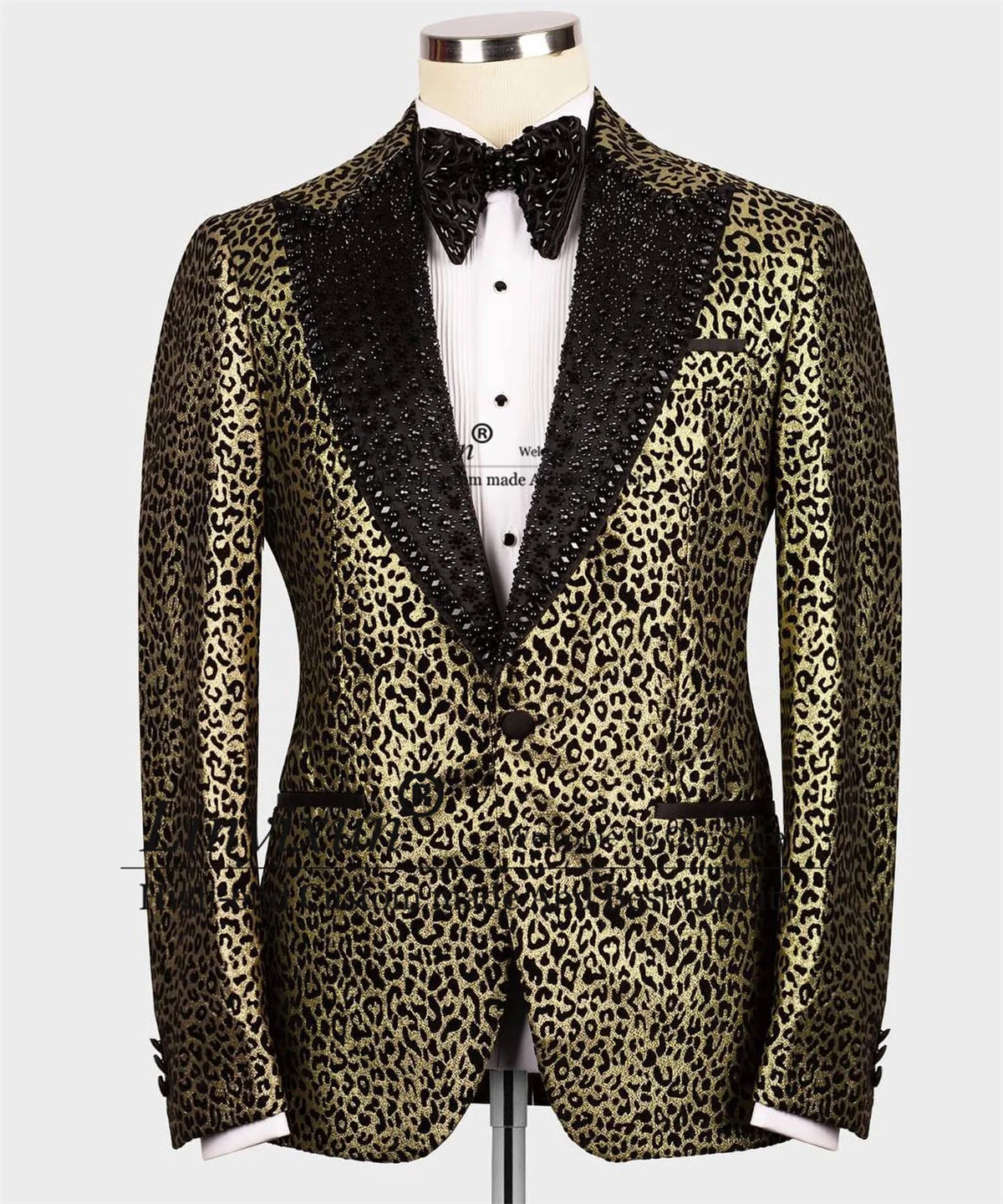 Fashion Leopard print Men Suits Luxury Beaded Crystals Groom Tuxedos 2 Pieces Sets Male Prom Blazers Slim Fit vestidos de novia