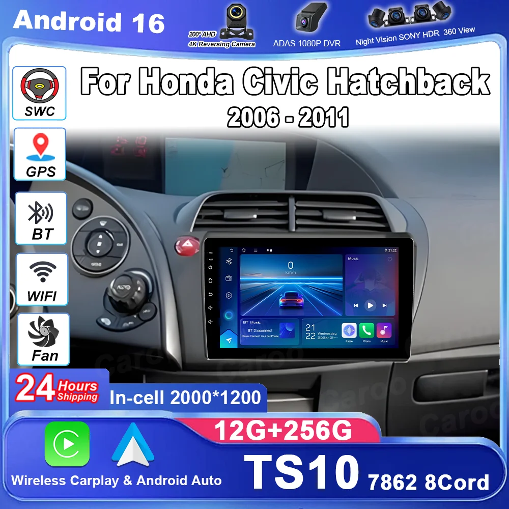

Car Android 16 Radio Stereo For Honda Civic Hatchback 2006-2011 Auto Multimedia Player GPS Navigation Carplay QLED Touch Screen