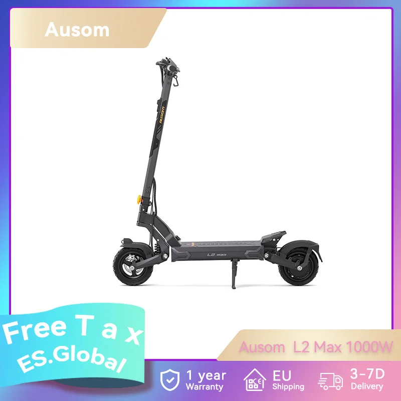 سكوتر كهربائي Ausom L2 Max 1000W، بطارية 20.8Ah 48V، سرعة أقصى 50 كم/ساعة، نطاق أقصى 90 كم/ساعة، إطارات 10 بوصة، فرامل قرصية مزدوجة، NFC