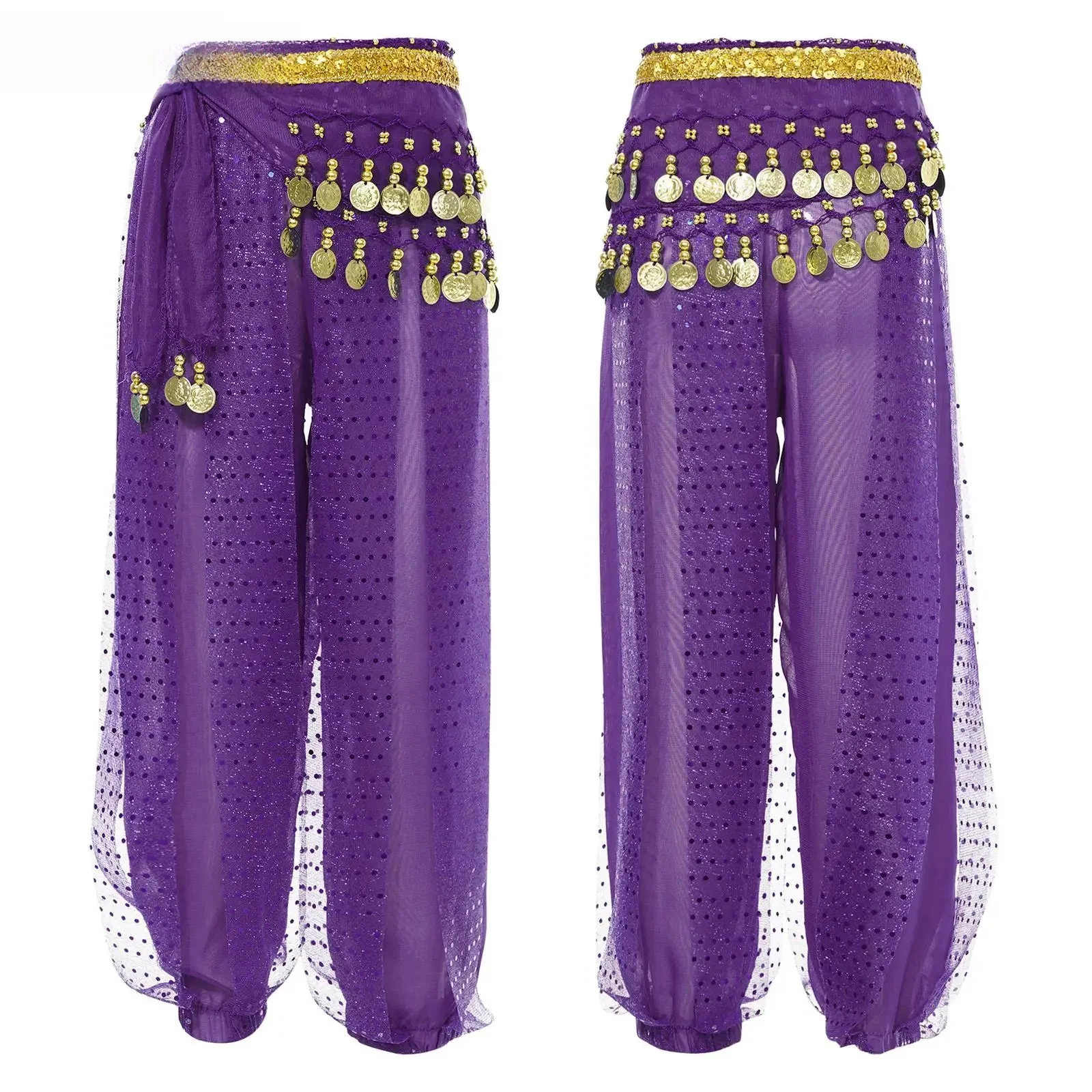 Kinderen Meisjes Buikdans Harembroek Tribal Arabische Broek Pailletten Mesh Chiffon Dansbloeiers met Hippe Sjaal Buikdansoutfits - afbeelding 2