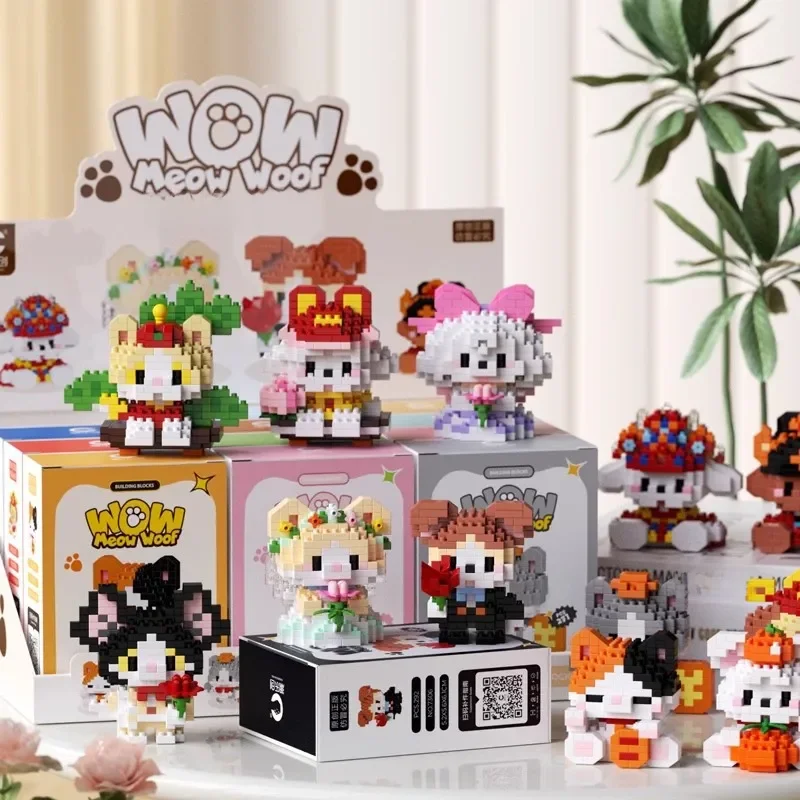 Blocs de construction d'animation de dessin animé, série d'animaux mignons, modèles de chat et de chien de mariage, jouets d'assemblage éducatifs, cadeaux de vacances