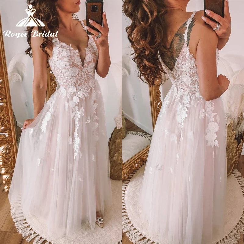 

Boho Beach V-neck Spaghetti Straps Backless Lace Appliques A-Line Wedding Dresses Tulle Bridal Gowns Sweep Sleevelessе vestidos