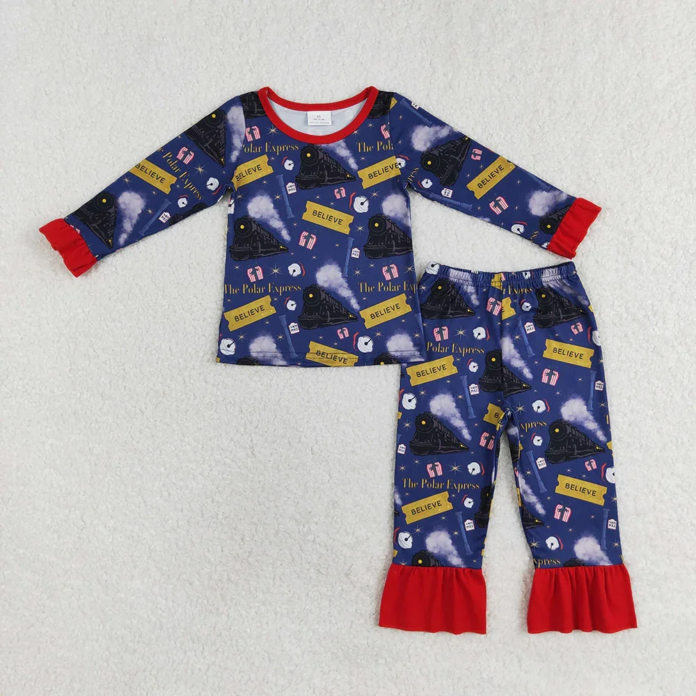 New Fashion Baby Girls Boys Christmas Train Navy Blue Long Sleeve Pajama Set Romper Wholesale Boutique Children Clothing RTS