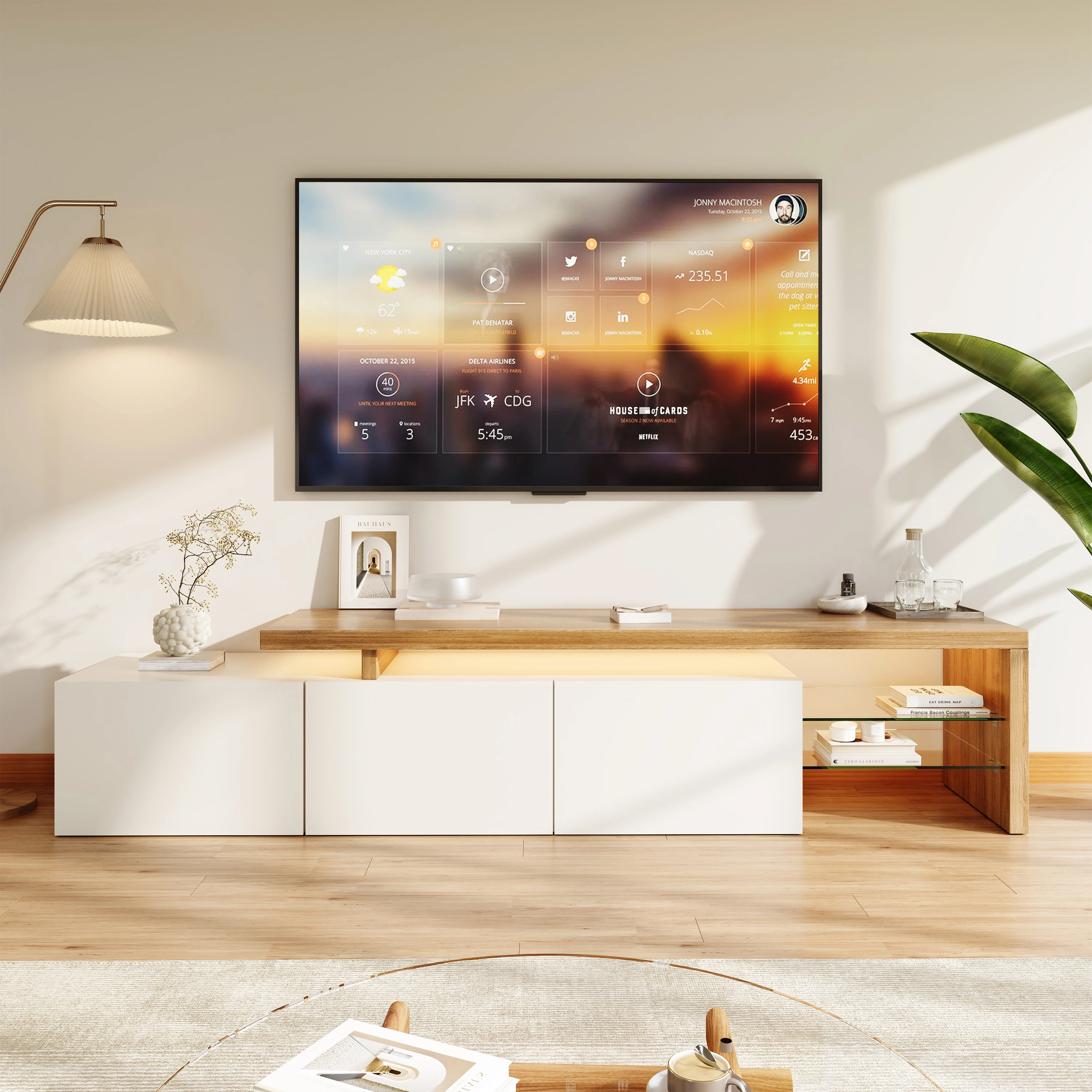 Elegante mueble para TV, gabinete bajo con espacio de almacenamiento, estantes de vidrio e iluminación LED, acabado con efecto madera, mueble para sala de estar
