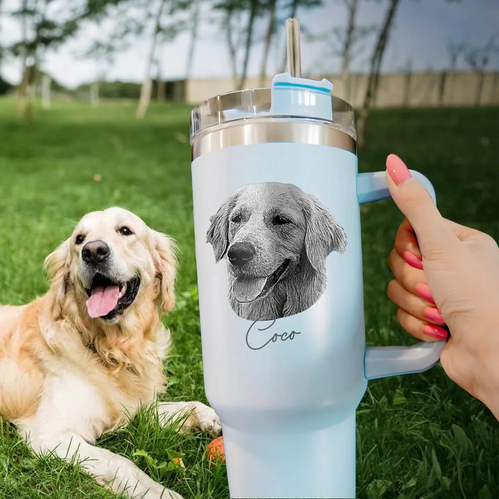 Custom Pet Dog Photo Name 40oz Tumbler With Handle Straw Stainless Steel Insulated Cup Portrait Christmas Gift For Dog Mom Pet.