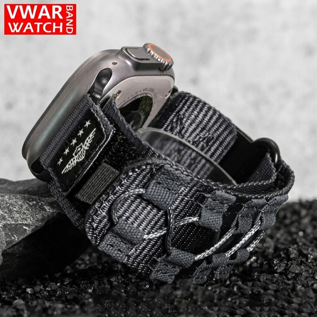 VWAR Tactical Nylon Strap for Apple Watch Ultra 3 2 1 49mm Rugged Sport Loop Band with Metal Connector for iWatch 11 10 9 8 7 SE
