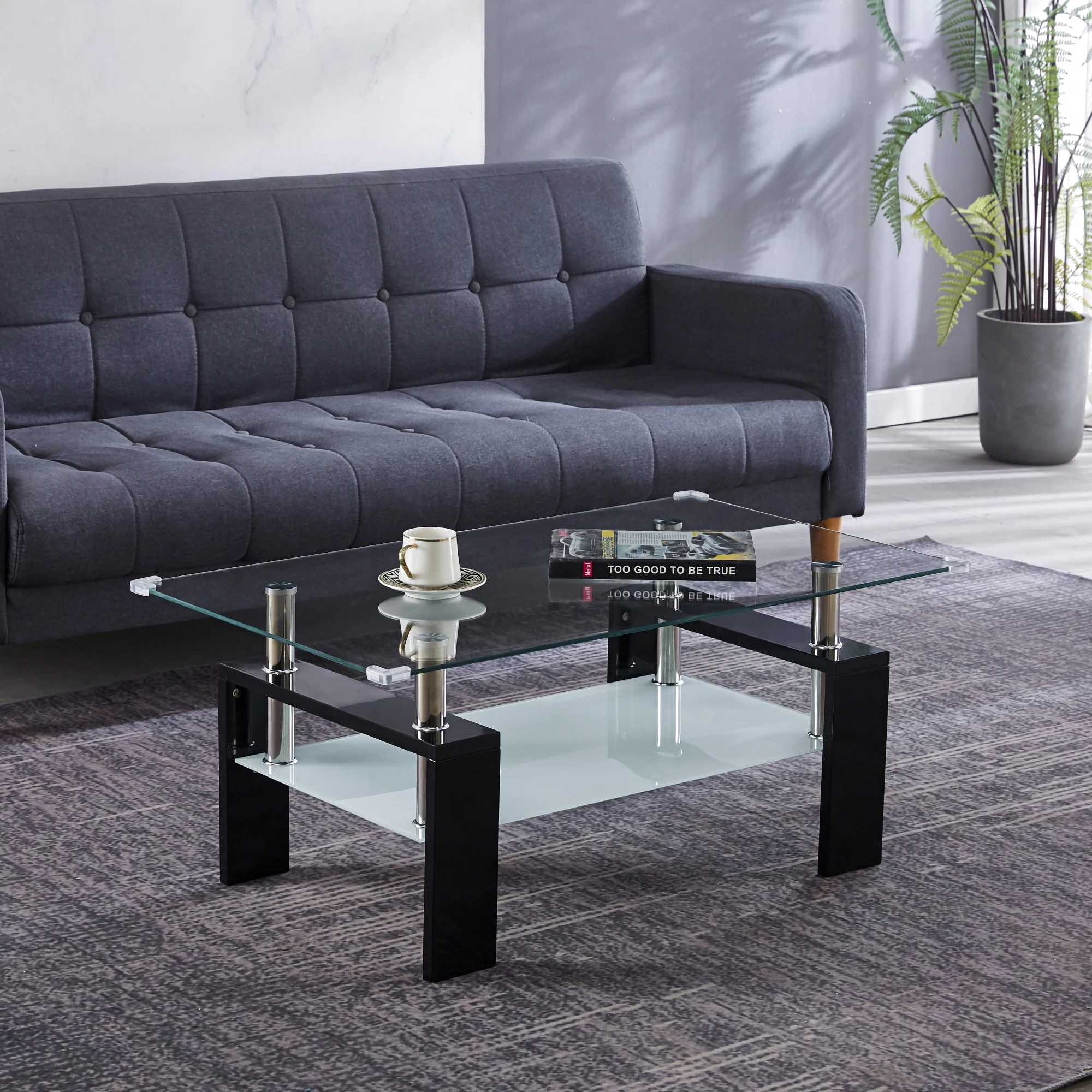 Artisan Center Coffee Table 2-Layer Tempered Glass Top Stainless Steel Legs for Living Room 37