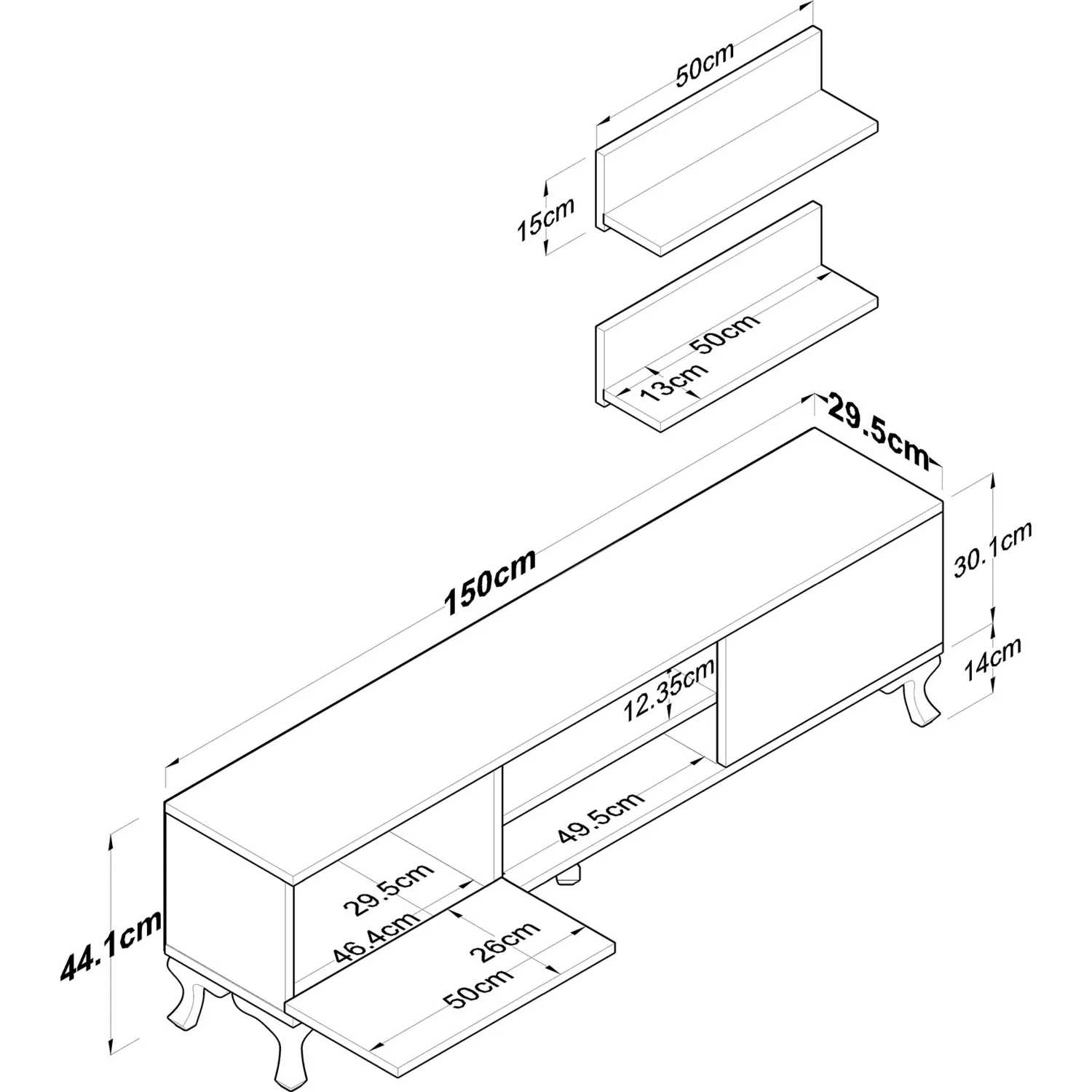 Wall Shelf TV Stand TV Unit with Bookcase Modern Leg Design 150 cm White