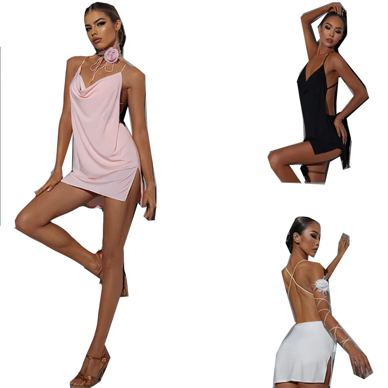 Robe de compétition latine sexy, rose, blanc, noir, salsa, samba, rumba, 2337