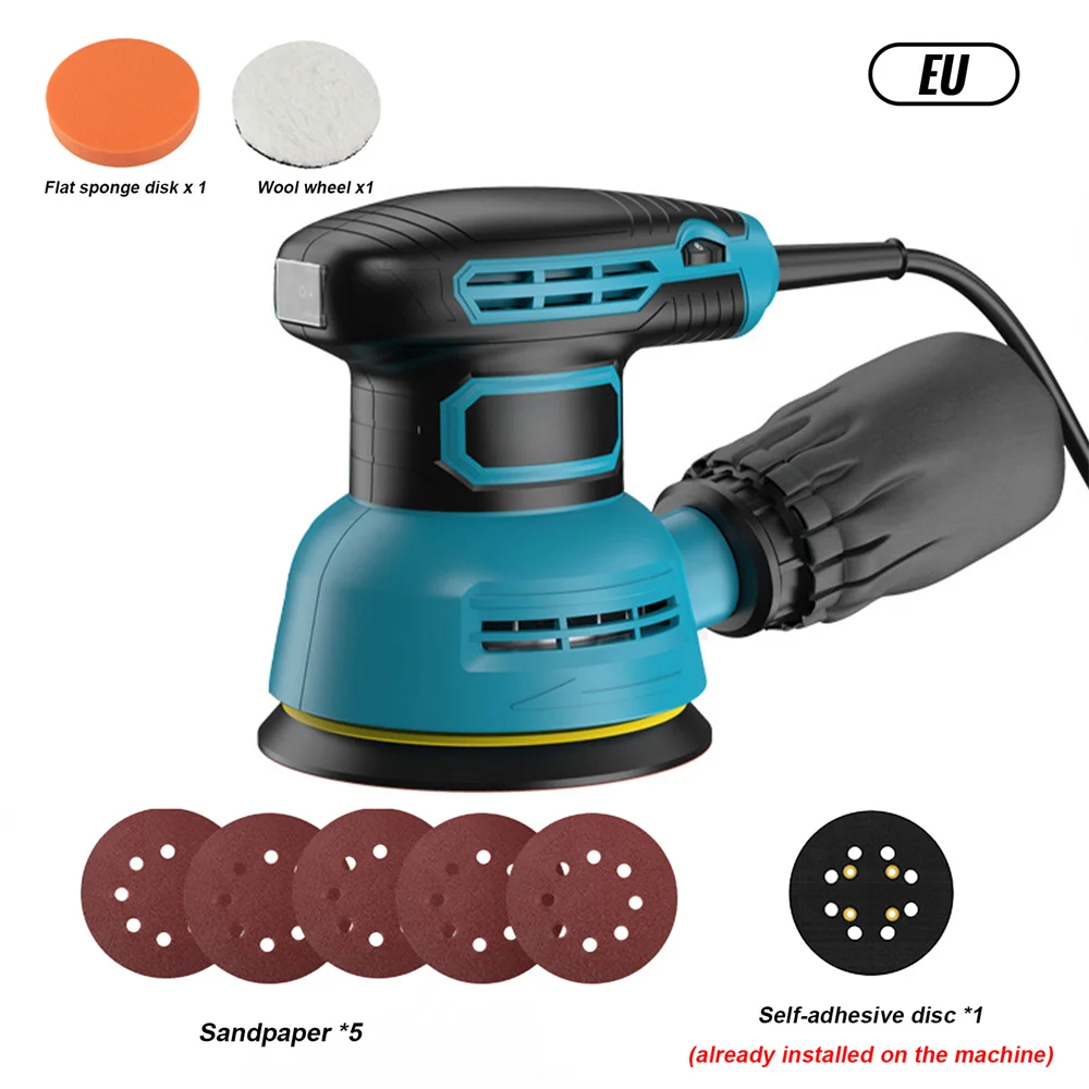 Amoladora oscilante de 5 pulgadas con velocidad ajustable, pulidora de pintura, amoladora eléctrica de 220V para madera y carpintería, con 5 hojas de papel de lija, 1 almohadilla de esponja y 1 rueda de lana.