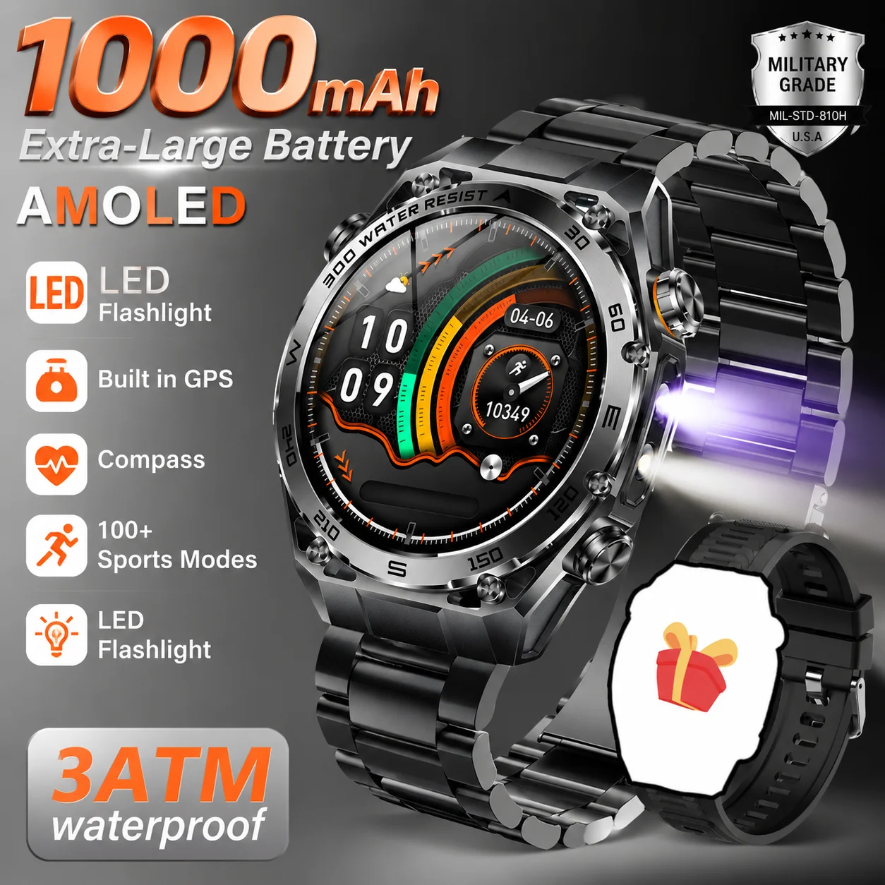 2026 Neue Militär-Smartwatch mit 1000mAh Akku für Herren, Outdoor-Taschenlampe, IP68 Wasserdicht, Herzfrequenzmessung, Bluetooth-Anrufe, Sport-GPS-Tracking