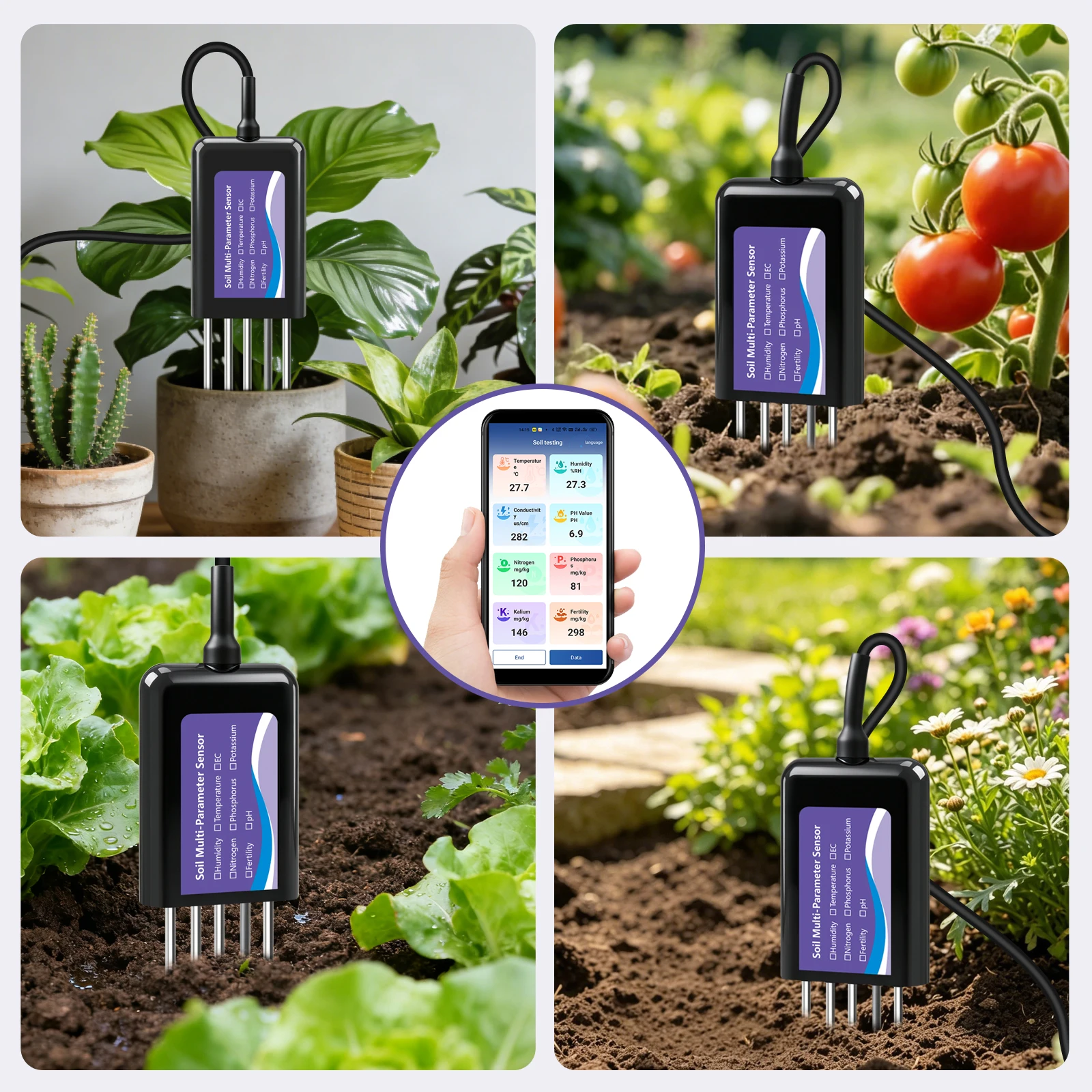 Yieryi 8-in-1 Smart Soil NPK pH EC Temp Moisture Sensor App Data Logger Tester Fertility Meter for Garden Agriculture Lawn IP68