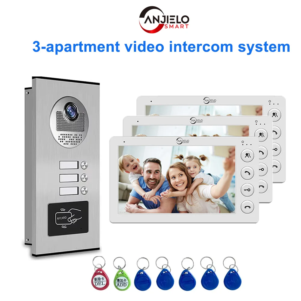 ANJIELO 3 Unit Home Video Intercom for Apartments Residential Intercom Doorbell Video Door Phone System with RFID Card Unlock