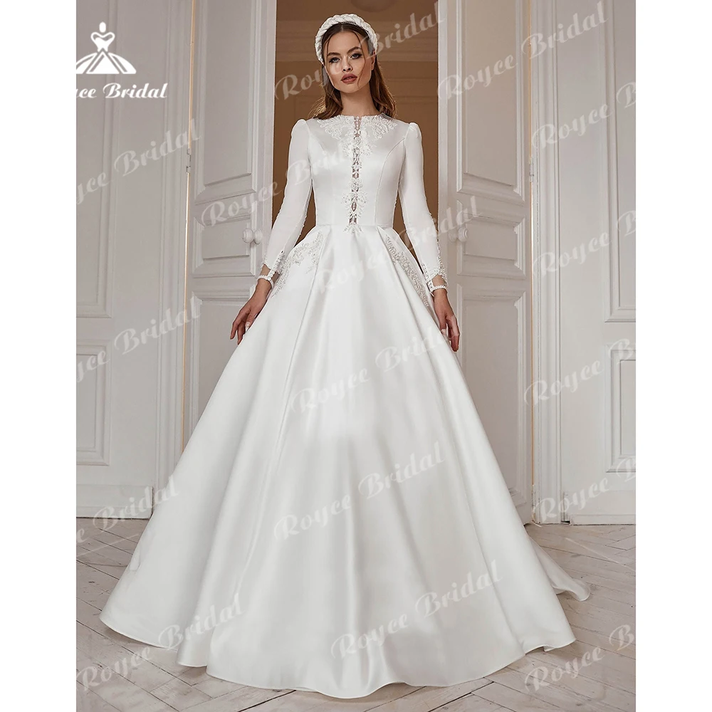 Elegant O Neck Back Button Lace Satin A-Line Muslim Wedding Dress White Long Sleeve Bride Gowns For Women 2023 Vestidos De Novia