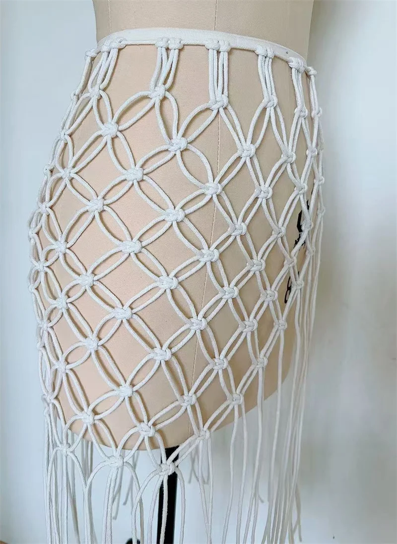 手作りかぎ針編みスカートセクシーな透かし彫りタッセルレースアップハイウエストスカートサロンラップボトムビキニカバーアップ水着女性用水着