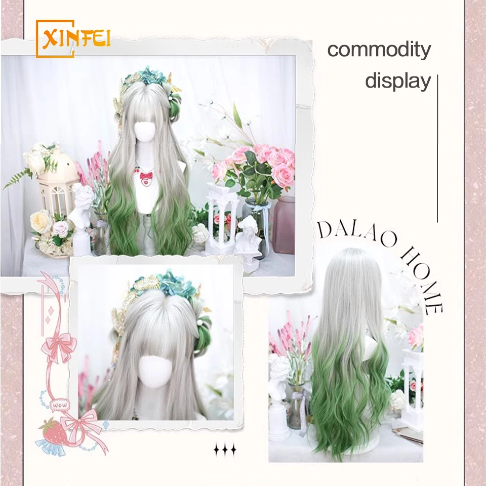 32Inch Lange Golvende Ombre Maanlicht Grijs Geverfd Citroen Synthetische Cosplay Lolita Harajuku Pruik Met Pony Golvende Anime Pruiken Voor Vrouwen