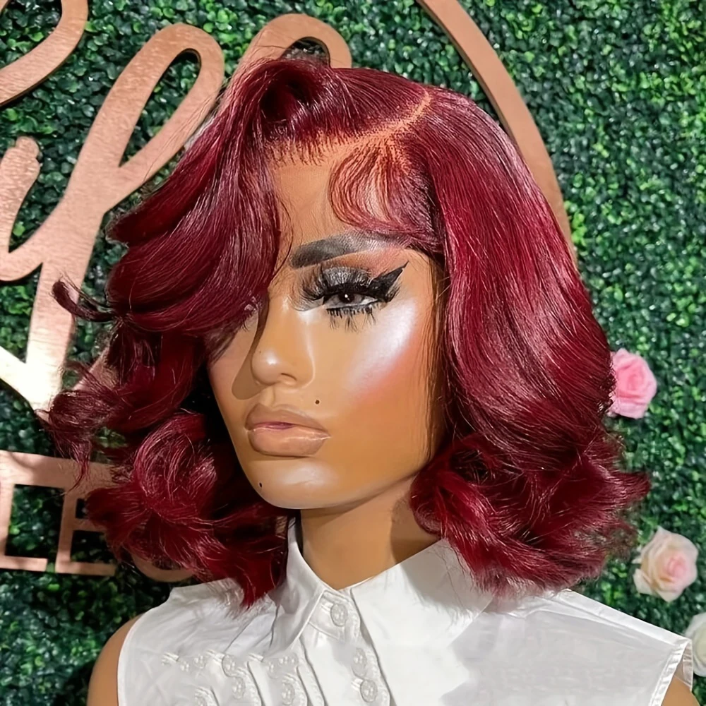 99j Burgundy Body Wave Short Bob Wig 13x4 Lace Front Wigs 200% Density Transparent Lace Frontal Wig Human Hair Short Bob Wig 99J