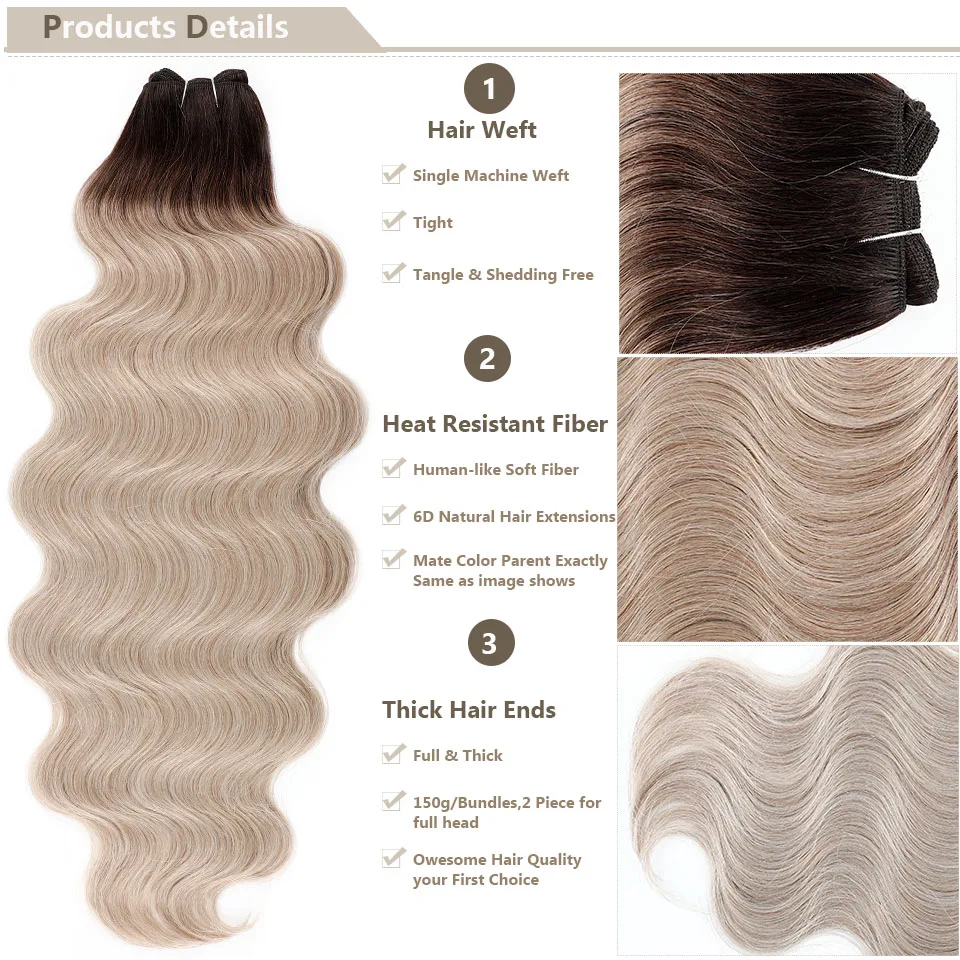 TT AÇO-Loiro Body Wave Sintético Cabelo Weave Bundles, Soft Humano-Like, resistente ao calor Fibra, Matte Body, rabo de cavalo