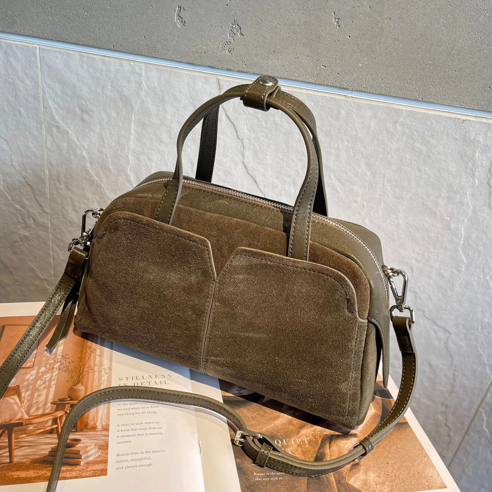 Women's Genuine Nubuck Cowhide Bowling Bag Vintage Large Capacity Boston Adjustable Crossbody Strap Daily Use Fall & Winter