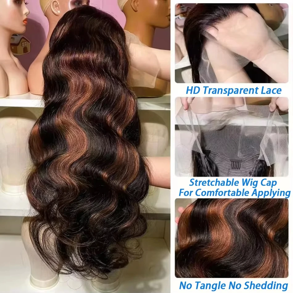 250% Высокая плотность Ombre Highlight Body Wave 13x6 HD Парики из натуральных волос на кружеве 1B/30 Черный Коричневый Цвет 13x4 Парики на фронтальной части шнурка