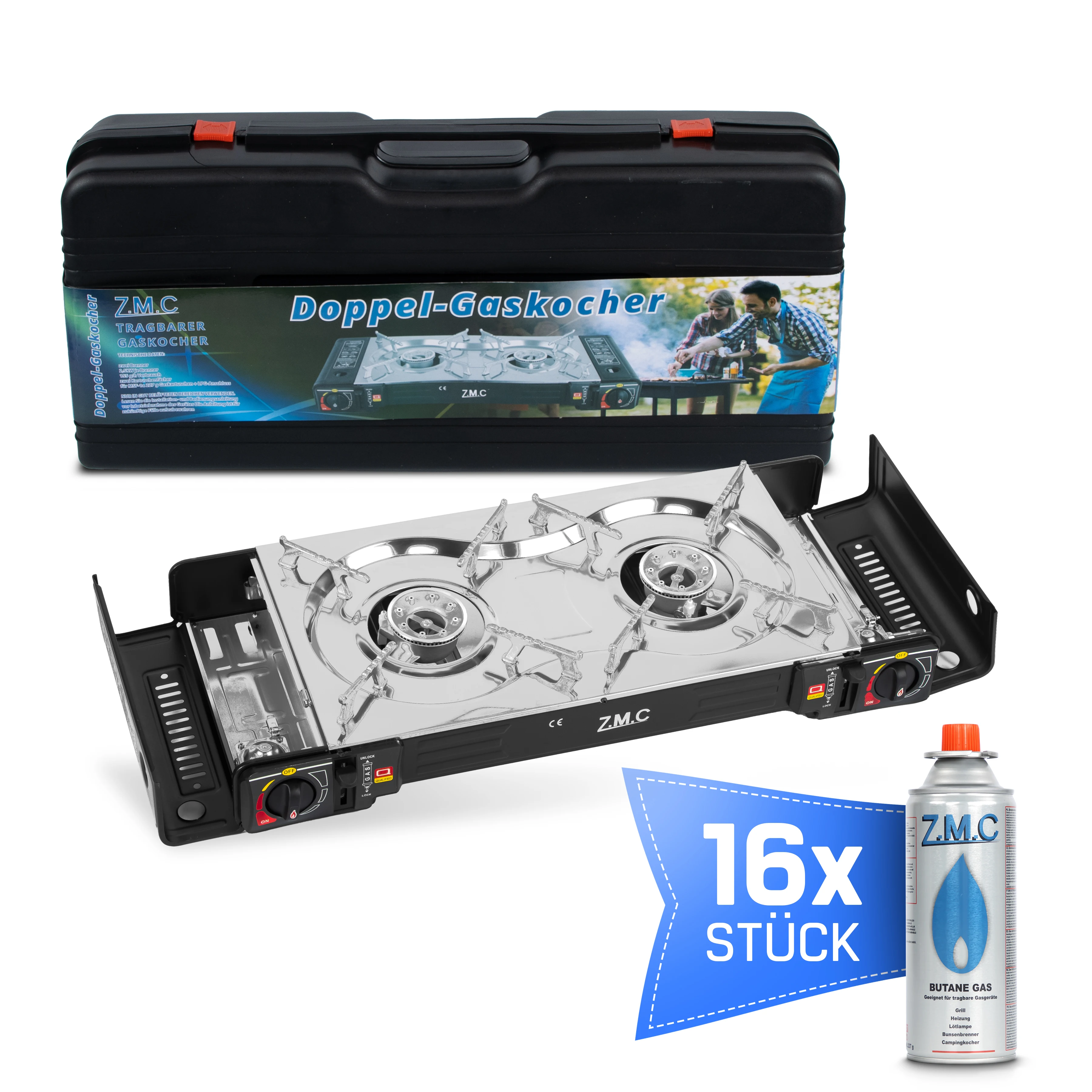 ZMC roestvrijstalen campinggasfornuis, 2-pits model met piezo-ontsteking, inclusief LPG-adapter, draagtas, inclusief 16x 227g gaspatronen - campingfornuis ideaal voor buitengebruik, kamperen, de tuin