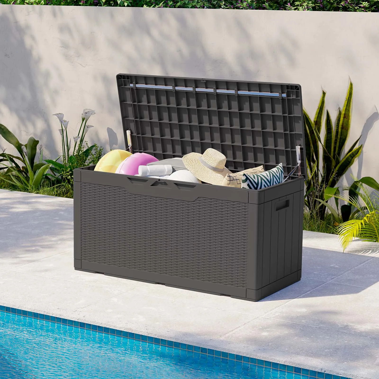 

100 Gallon Resin Deck Box with cushion, Large Outdoor Storage Box with Padlock for Patio Furniture