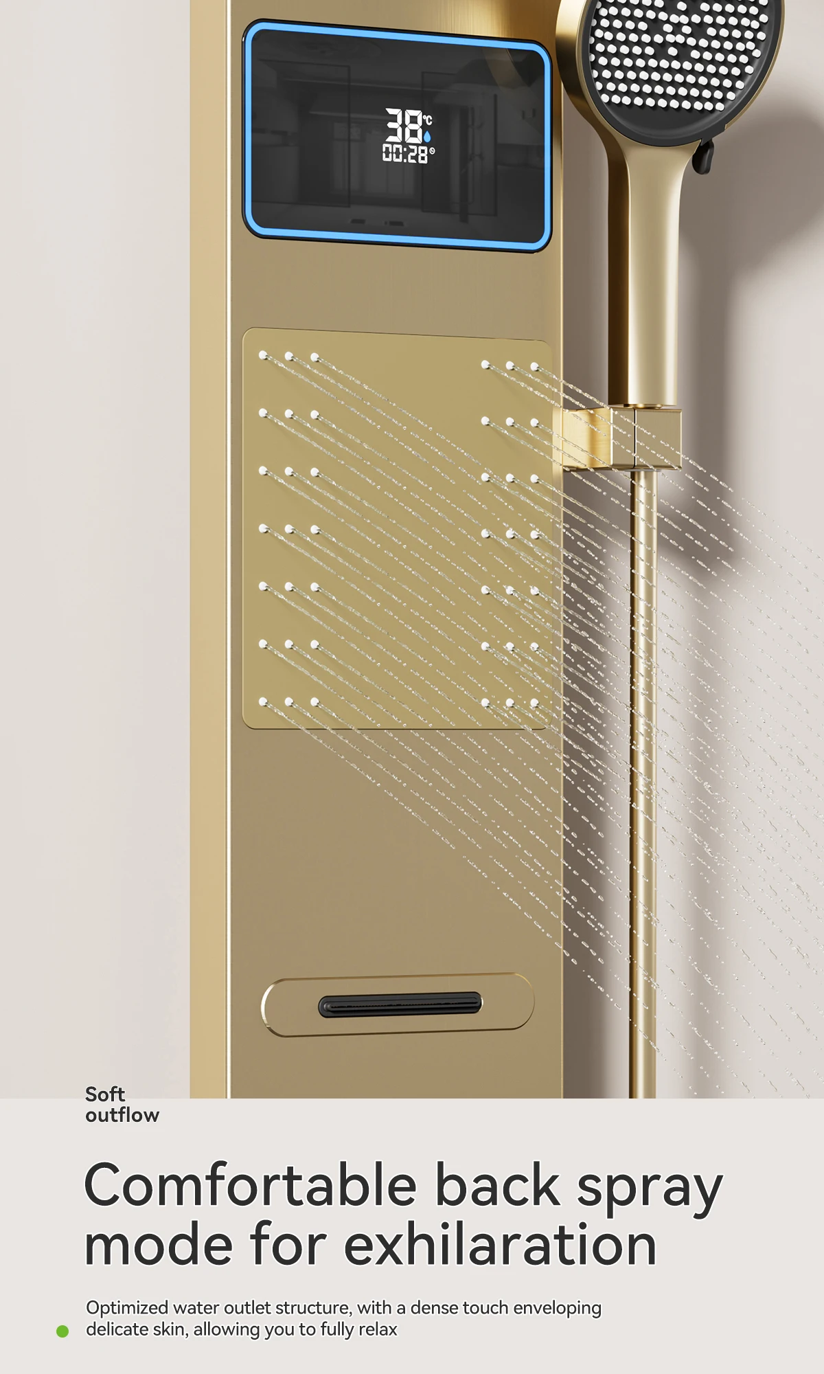 Goldener Nickel-Duschschirm Wandmontiertes Wasserfall-Duschkopf-Set Badezimmer Digitale Atmosphäre LED-Licht Duschset Schirm – Detail 8