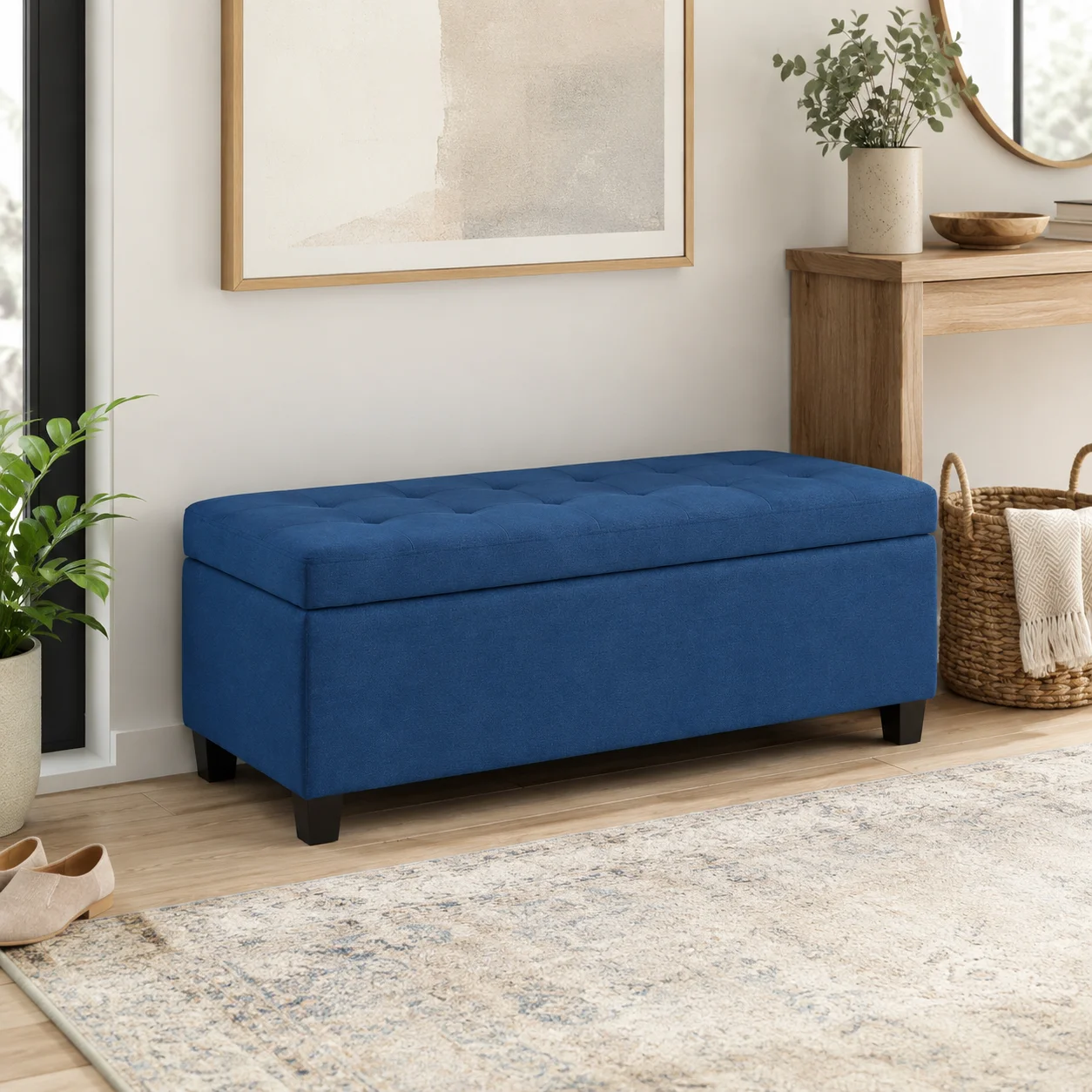Banc de rangement 94,5L banquette bout de lit en tissu aspect lin et pieds en bois, 125 x 49 x 41,5 cm, bleu