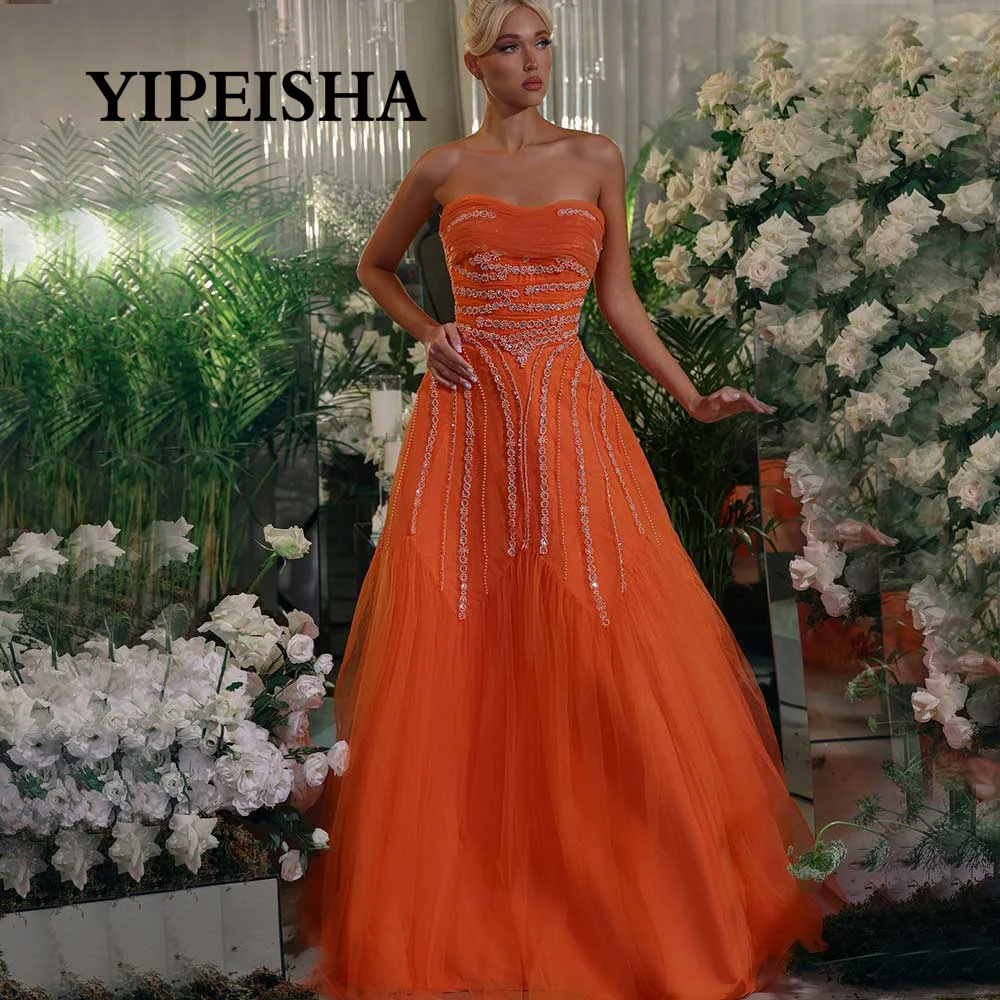 Customized Gorgeous Tulle Evening Gown Strapless Pleated Backless Crystal A-Line Party Dress For Women's Fashion Floor Length Pr