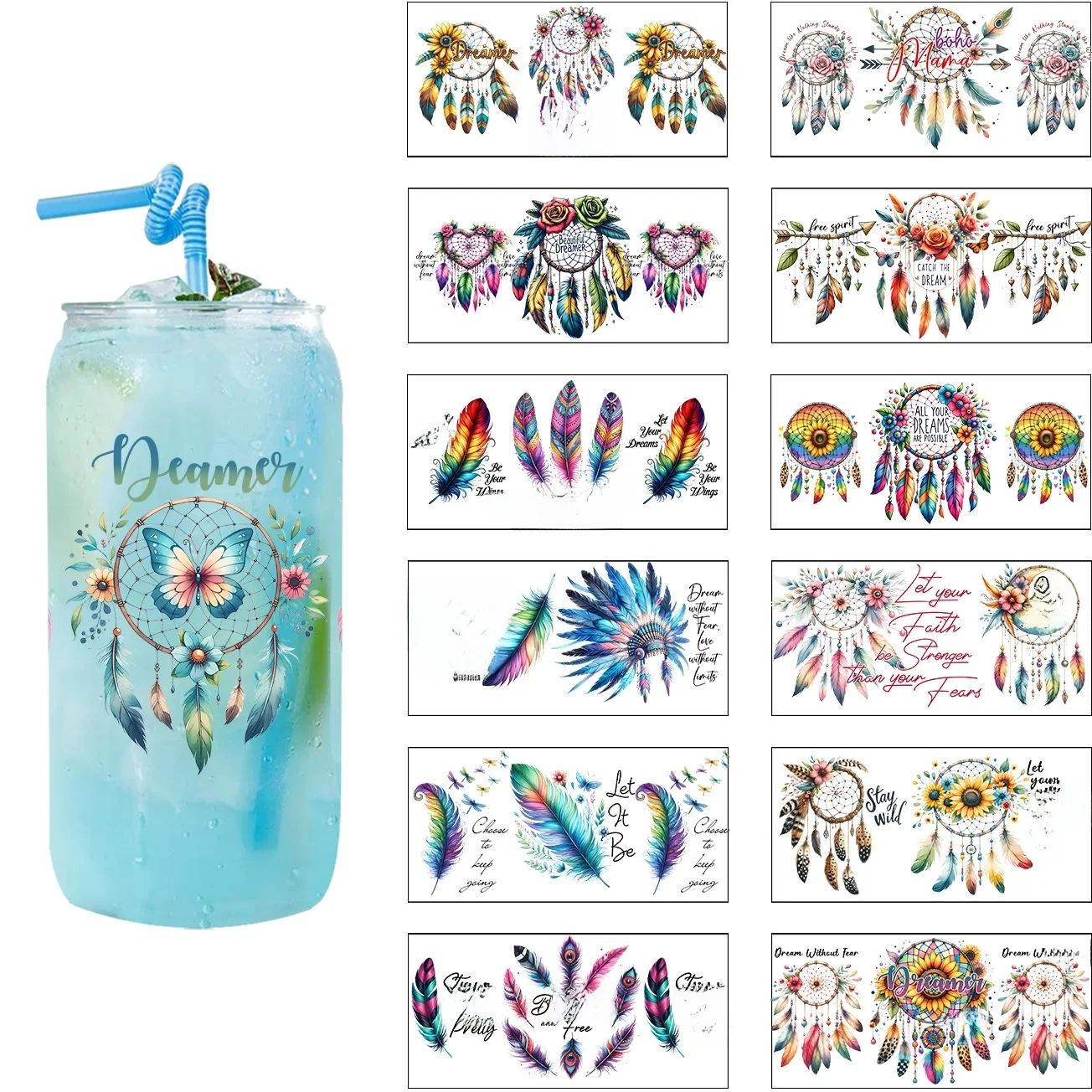 Dreamcatcher Art Pattern BRICOLAGE Tasse Autocollants 3D UV DTF Tasse Wrap Plumes Colorées Autocollant pour 16oz Libbey Verre Dreamer Wraps