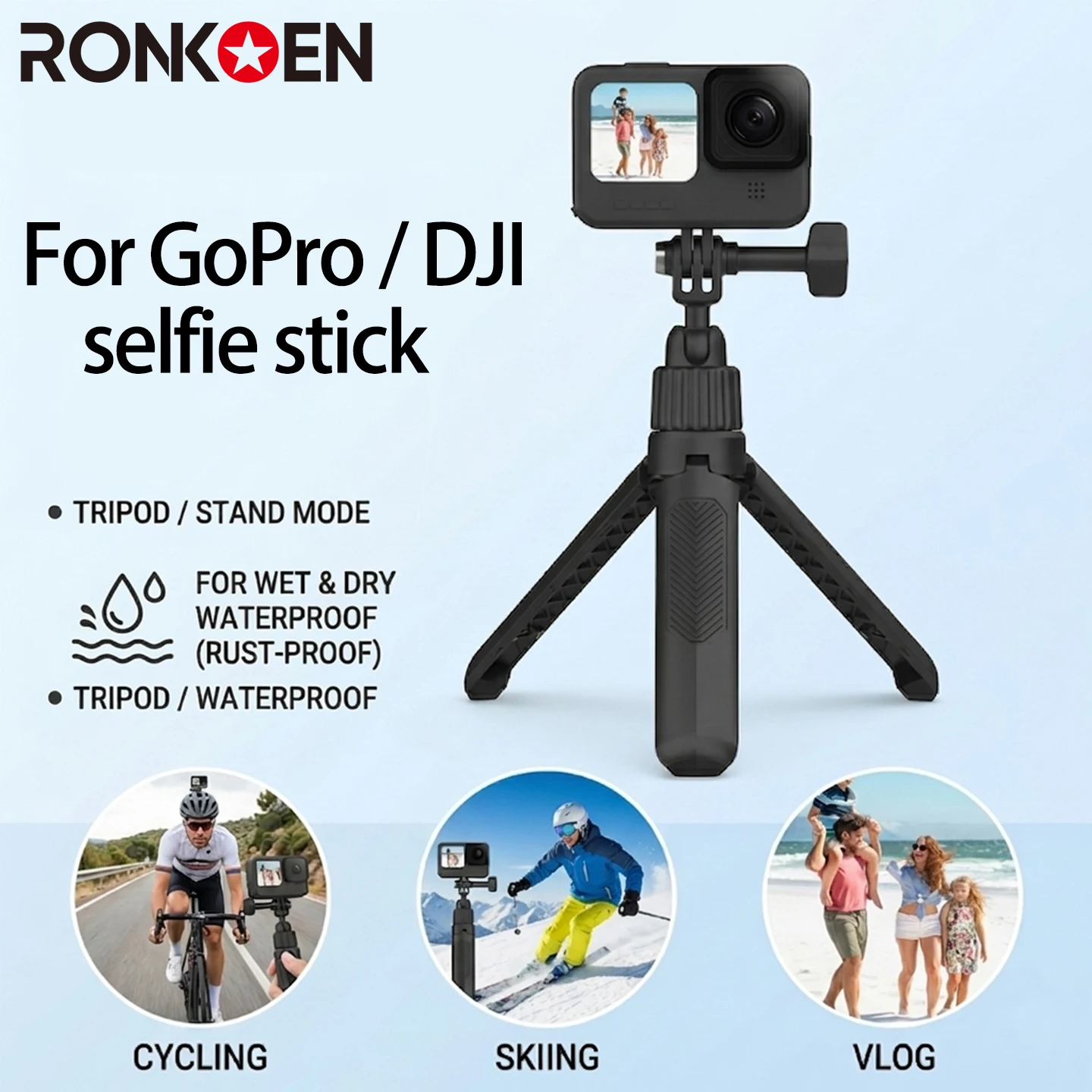Ronkoen  TZ-12 For GoPro/Insta360/DJI Osmo Action 3/4/5Pro 40CM Extendable Selfie Stick Tripod Vlog / Cycling / Skiing / Travel