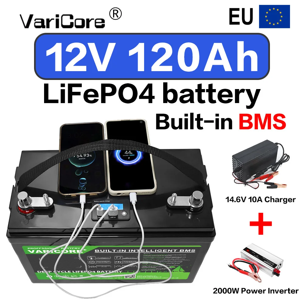 Batterie LiFePO4 à cycle profond VARICORE 12V 120Ah haute sécurité avec BMS intelligent et écran LCD pour usage domestique, solaire, camping-car et marine
