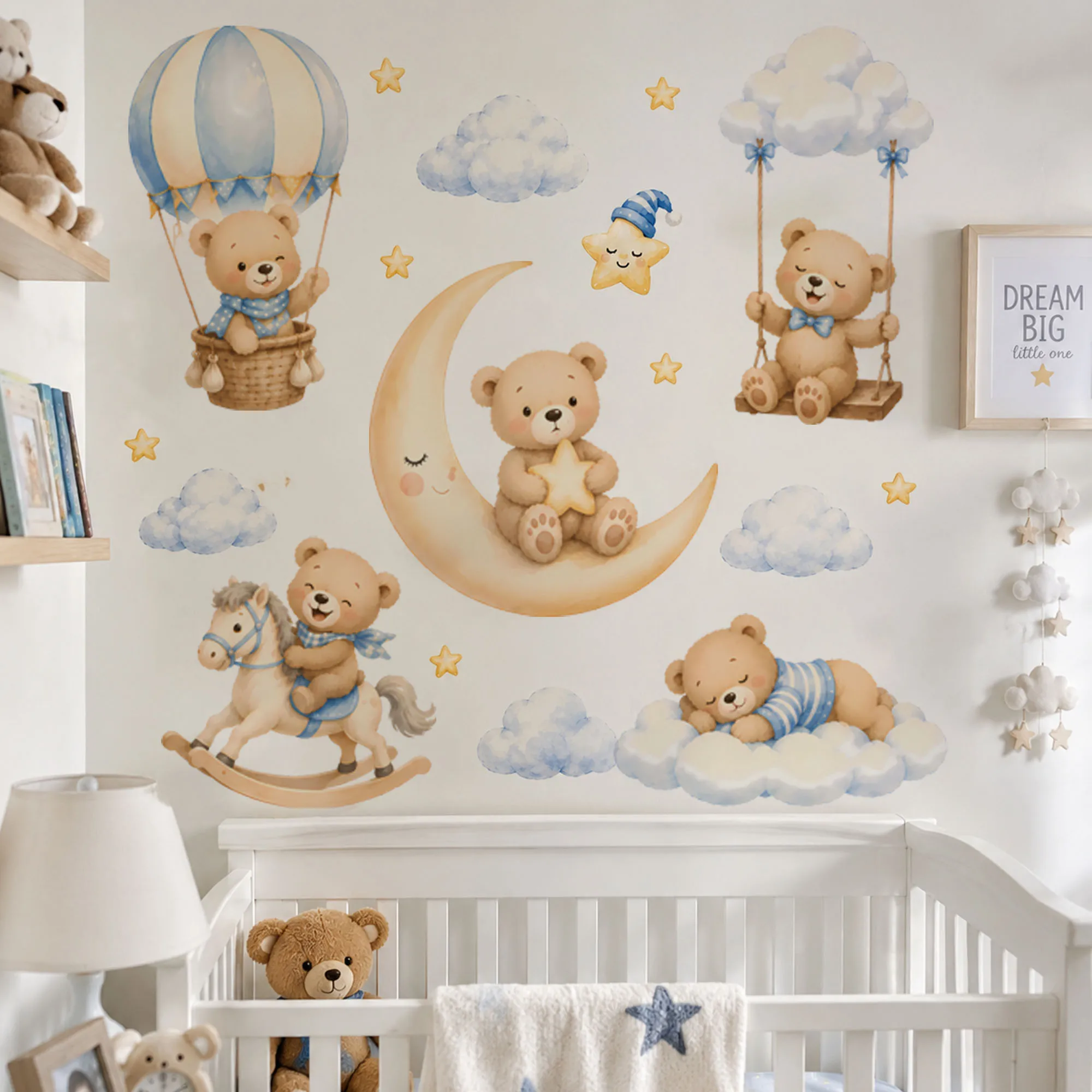 Watercolor Teddy Bear Wall Stickers Hot Air Balloon Moon Clouds Decal Self Adhesive Wallpaper for Kids Nursery Bedroom Decor