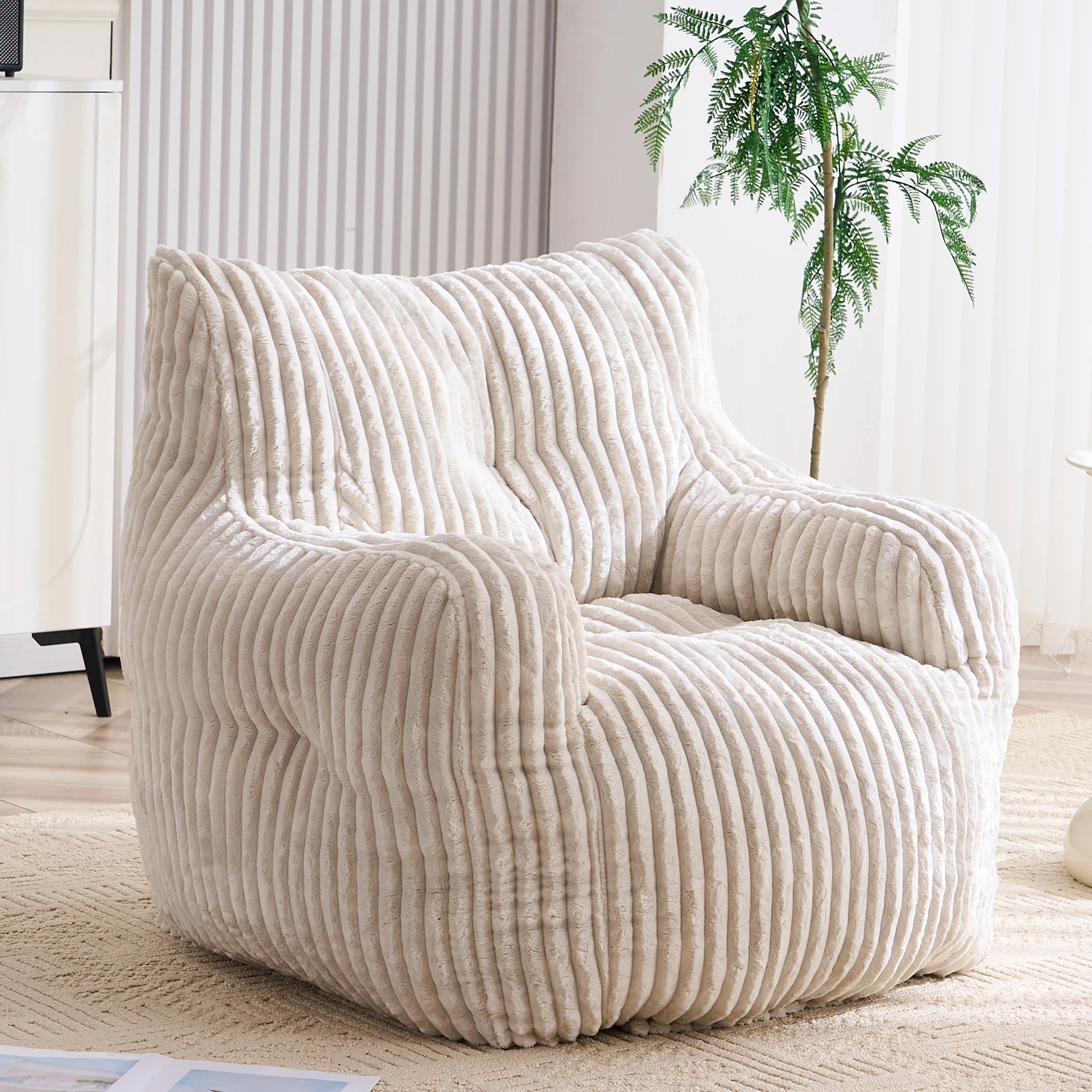 010 - Pouf rembourré en mousse avec housse en velours côtelé, beige