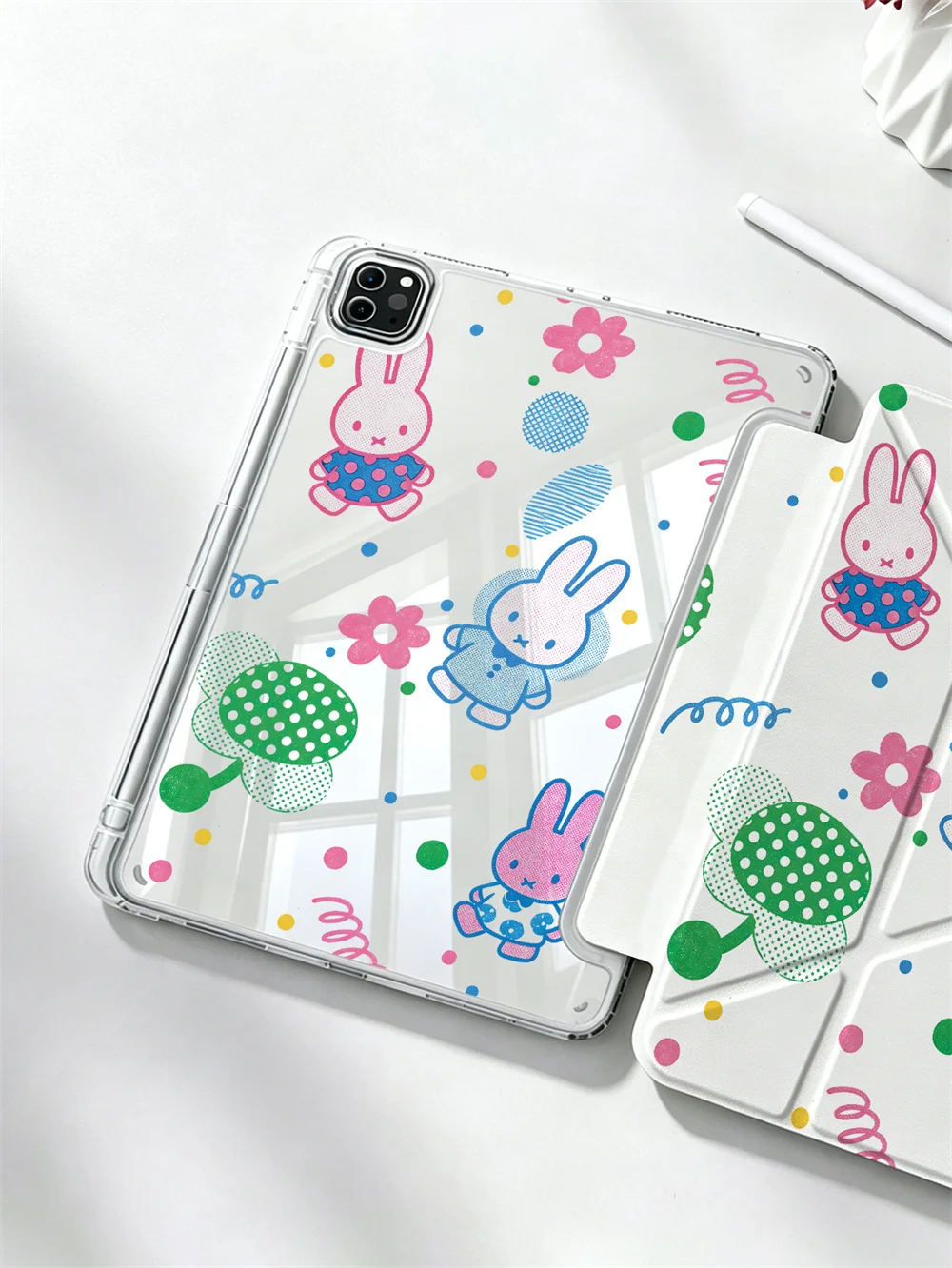 Kawaii Miffy Floral Dot Print Crystal Clear Y-fold Double-sided Print Case For iPad Pro 11 Air4 Air5 10 Gen With Pencil Slot Sho