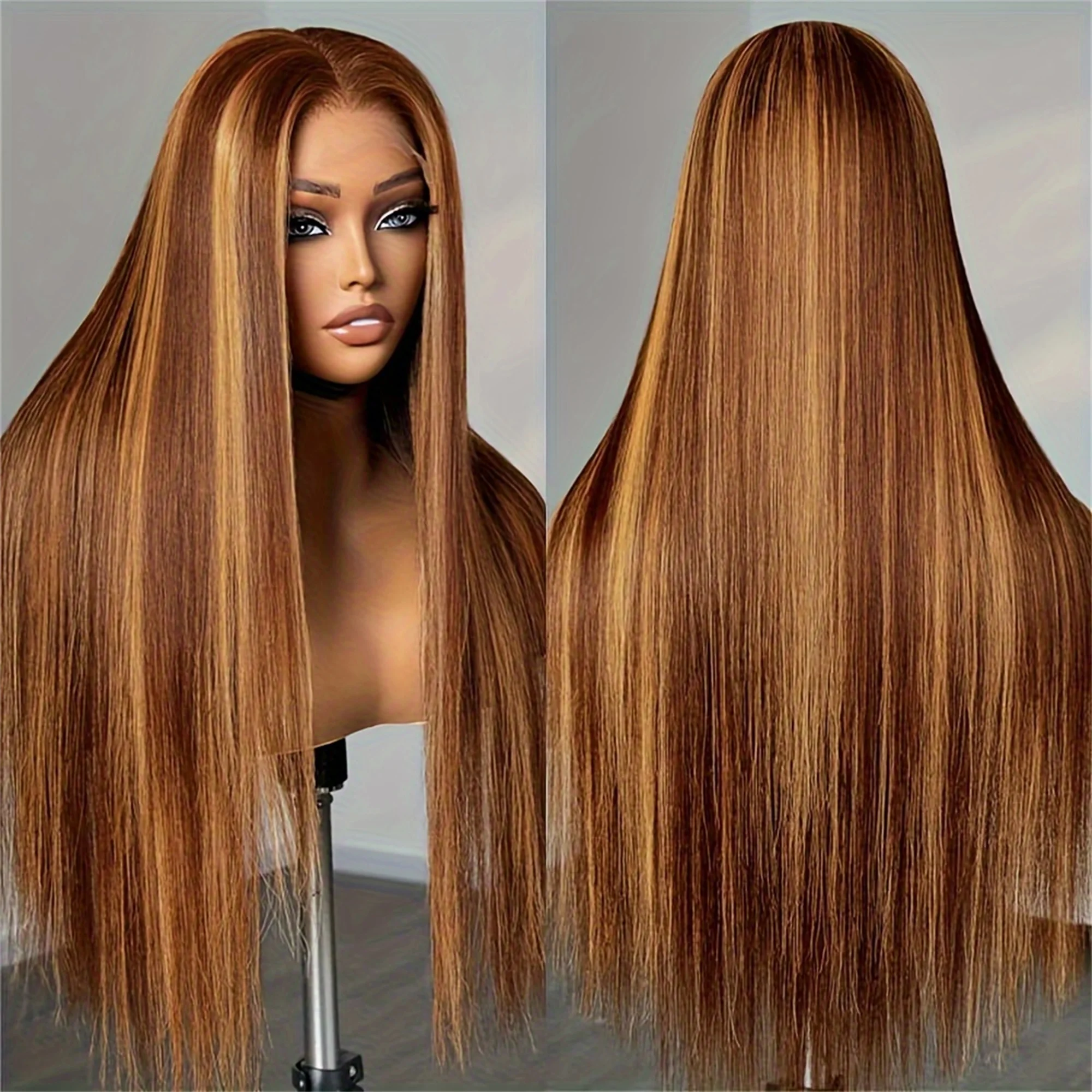 34inch 13x4 13x6 HD Transparent Lace Front Human Hair Wig Brown Blonde Color Highlight Ombre Straight Lace Frontal Wig For Women