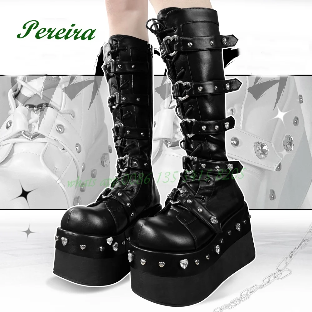 

Rhinestones Black Knee High Boots Spice Girls Round Toe Platform Wedges Lace Up Leather Solid Women's Shoes Winter Cute Lolita