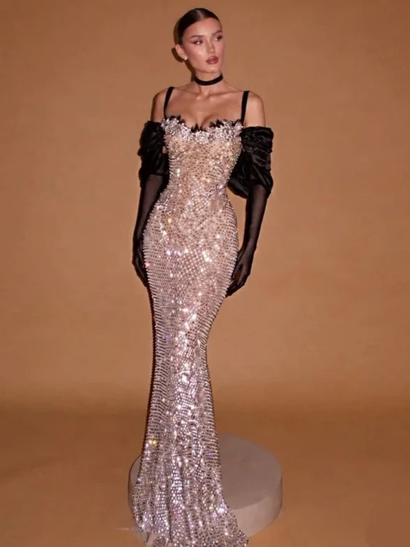 Nude Silver Prom Dress Thin Black Strap Scallop Neck Full Rhinestone Embellished Sheer Mesh Fitted Mermaid Train Skirt Wedding