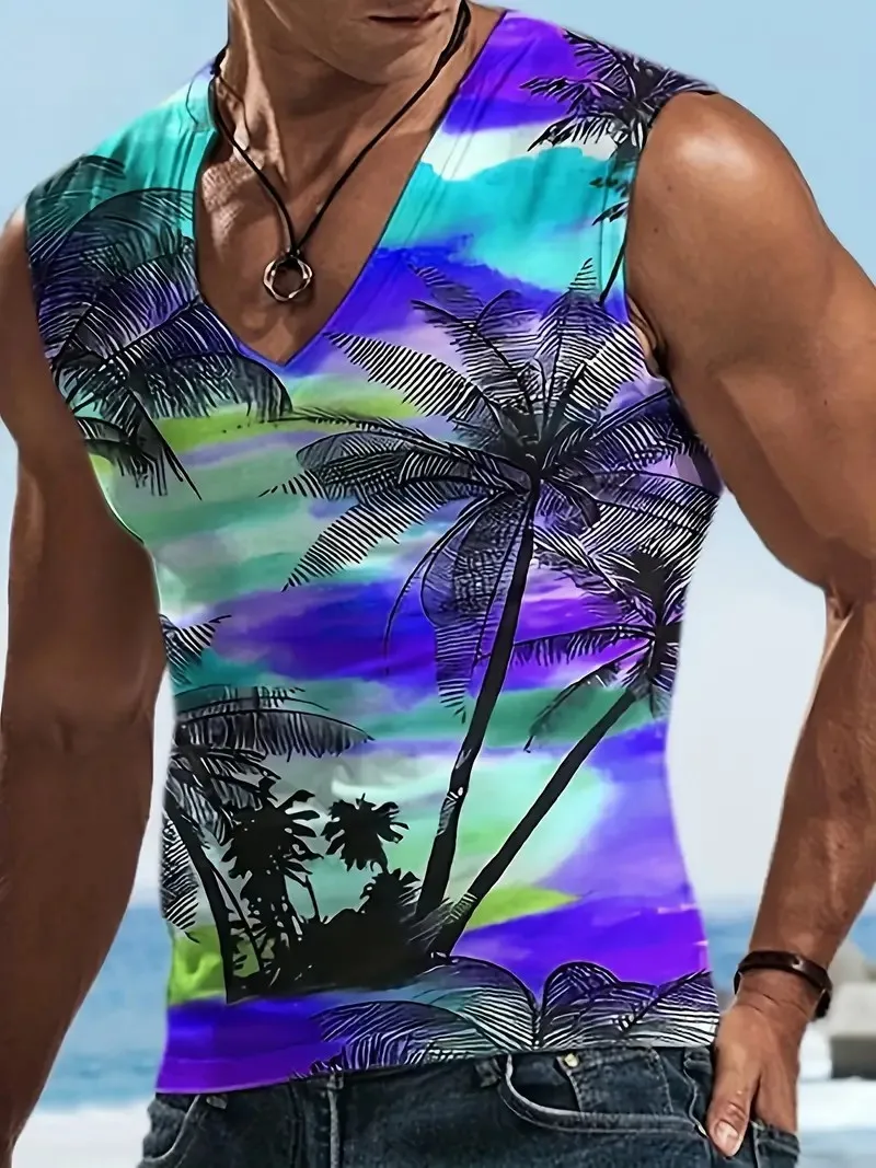 Men's Vest Hawaii Beach Print Summer Creative Casual Micro Stretch Fitness Sports V Neck Sleeveless T Shirt Plus Size Daily Men'