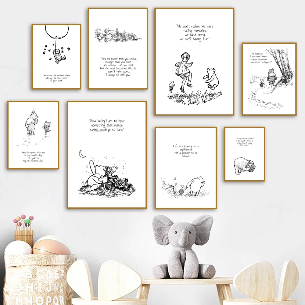 Winnie the Pooh Quote Prints Black and White Poster Nursery Decoration Baby Shower Pooh Art Canvas Painting New Baby Gifts