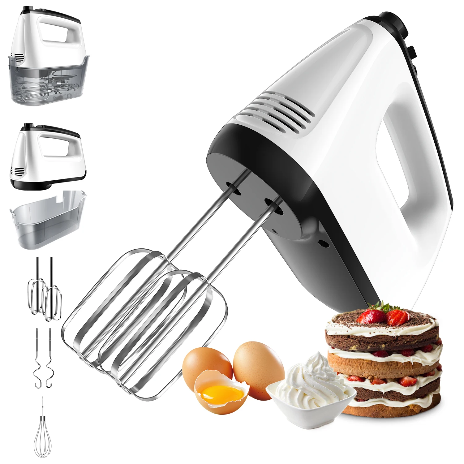 Batidora de Huevos Eléctrica Portátil de 6 Velocidades, Mini Mezcladora con Estuche de Almacenamiento, 5 Accesorios de Acero Inoxidable para Batir Huevos, Crema y Claras, Enchufe Europeo