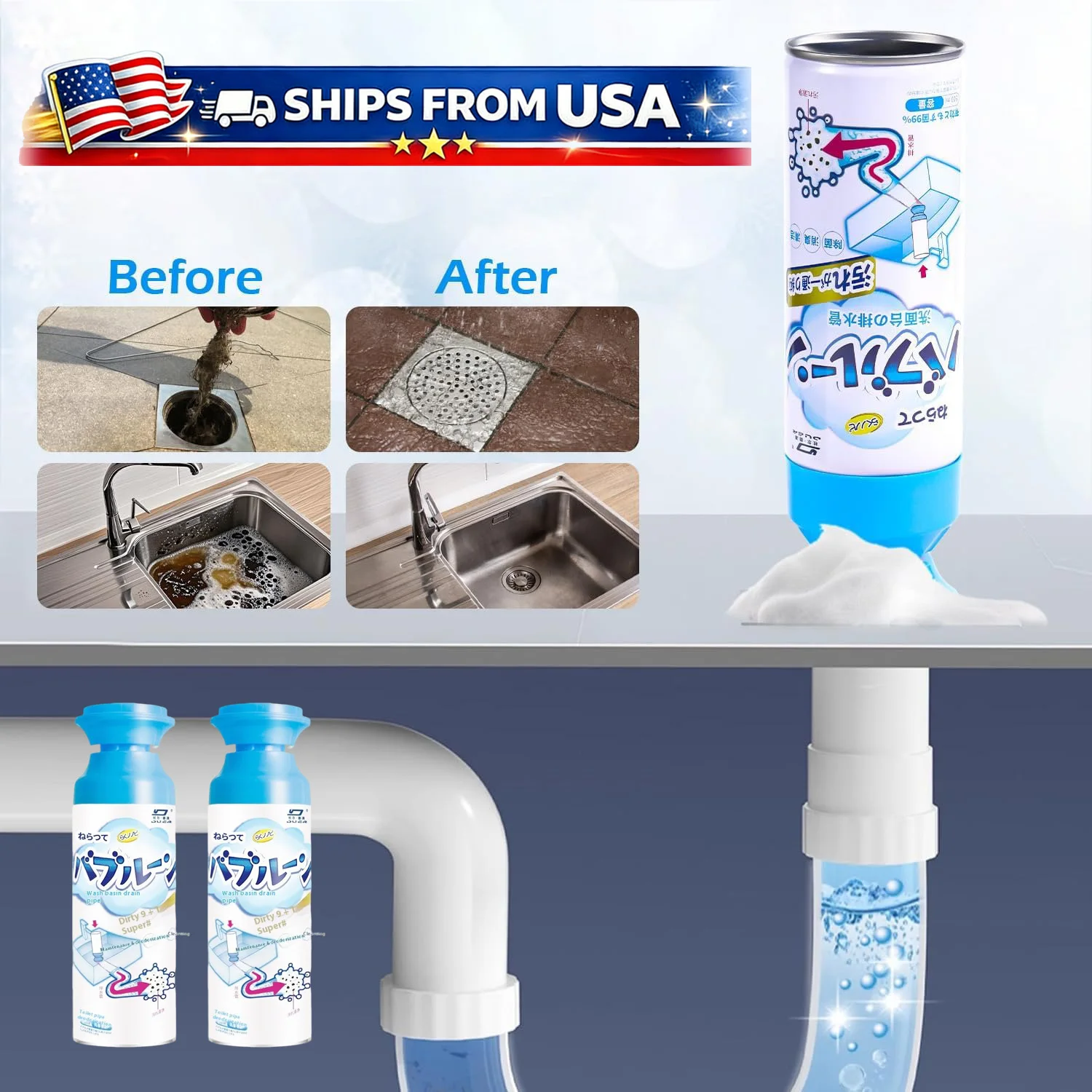 Drain Foam Cleaner Powerful Foaming Drain Clog Remover Liquid Hair Cleaner for Kitchen Sink Shower Tub Pipe Deodorizer