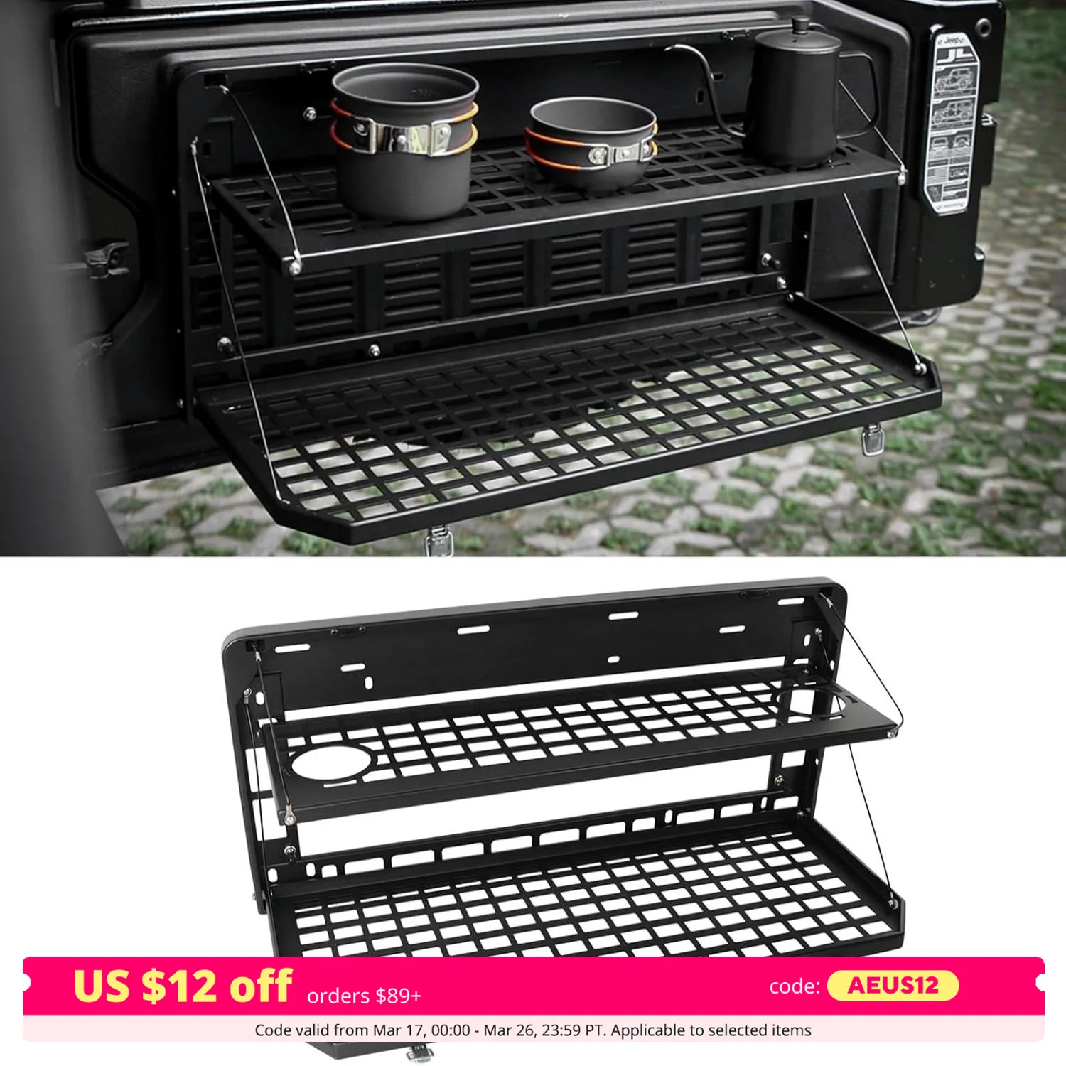 2-Tier Tailgate Table Rear Foldable Storage Cargo Rack Outdoor Camping Desk for 2007-2022 Jeep Wrangler JK&JL 4 Door (Not Fit JK