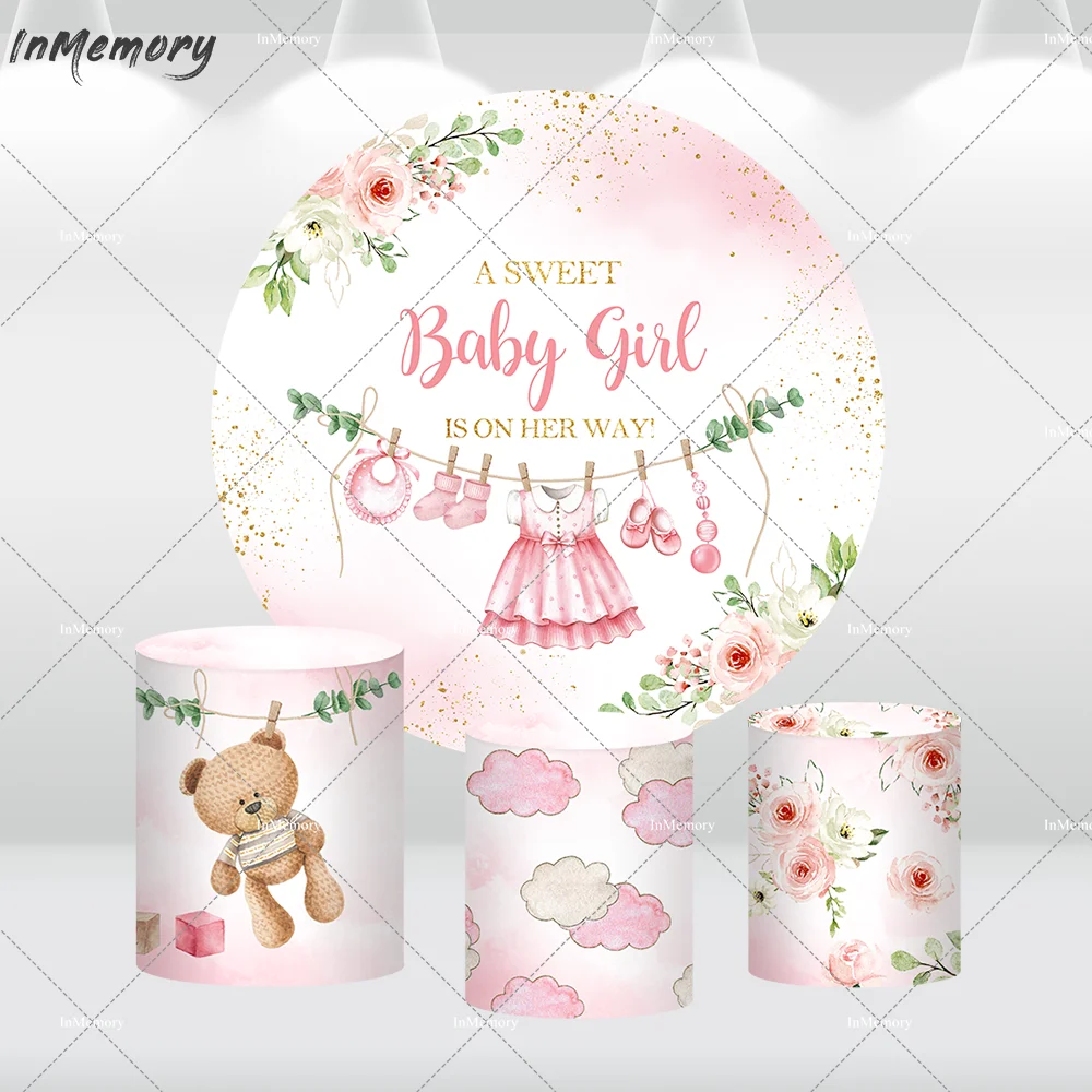 فتاة حلوة على الطريق، خلفيات مستديرة لتزيين حمام الطفل، أغطية أسطوانية لطاولة كعكة عيد الميلاد على شكل زهرة وردية